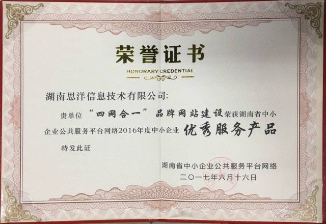 湖南思洋信息技術(shù)榮膺“2016年度中小企業(yè)優(yōu)秀服務(wù)機(jī)構(gòu)”網(wǎng)絡(luò)技術(shù)服務(wù)獎(jiǎng)